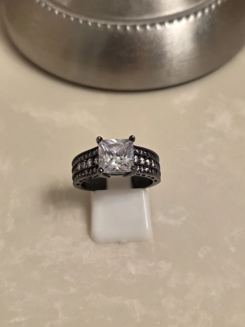 Black Crystal Solitaire Ring with Pavé Band